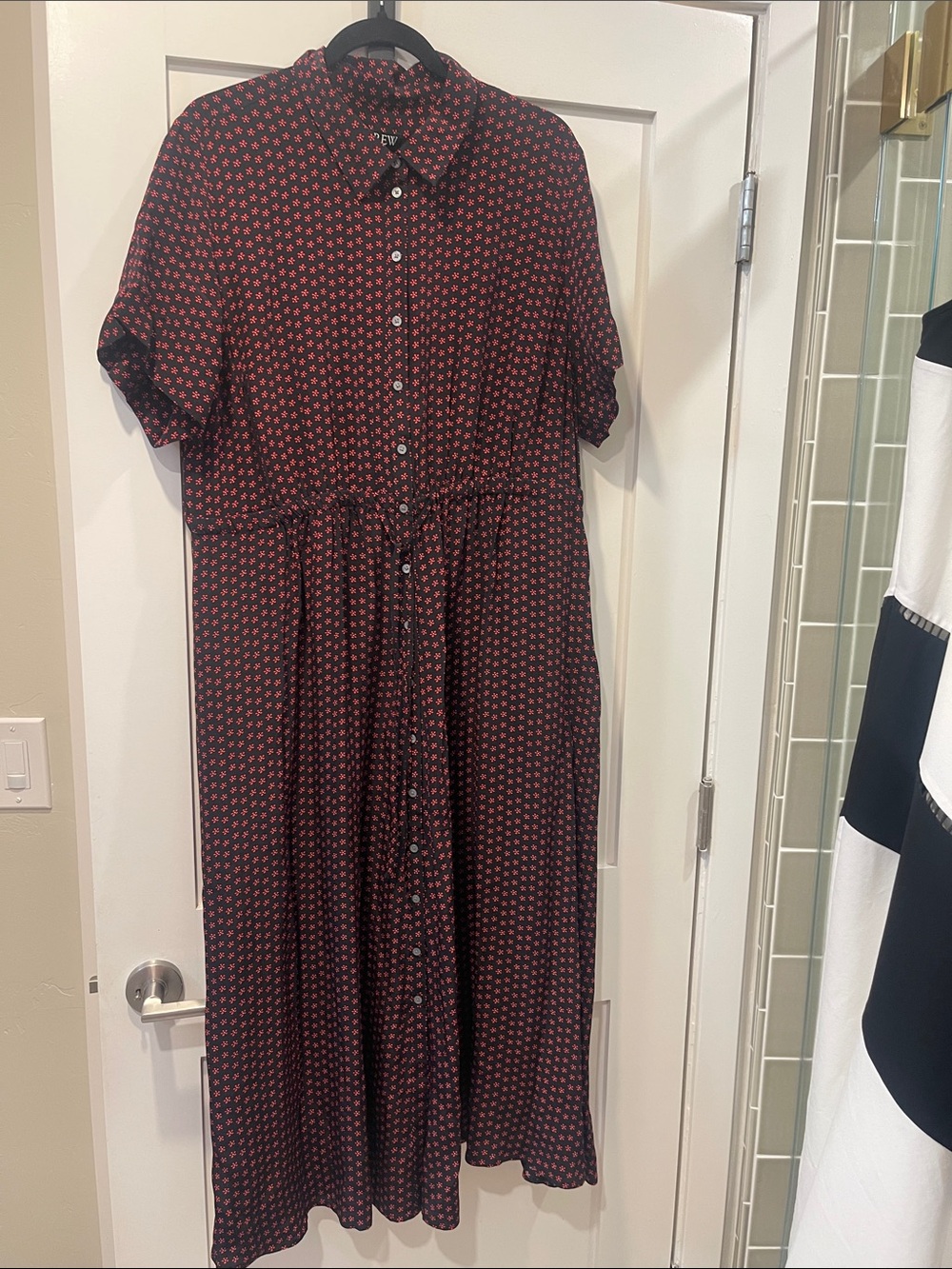 J. Crew Black & Red Midi Button-Front Dress with Tiny Print sz 18 NWTs $268